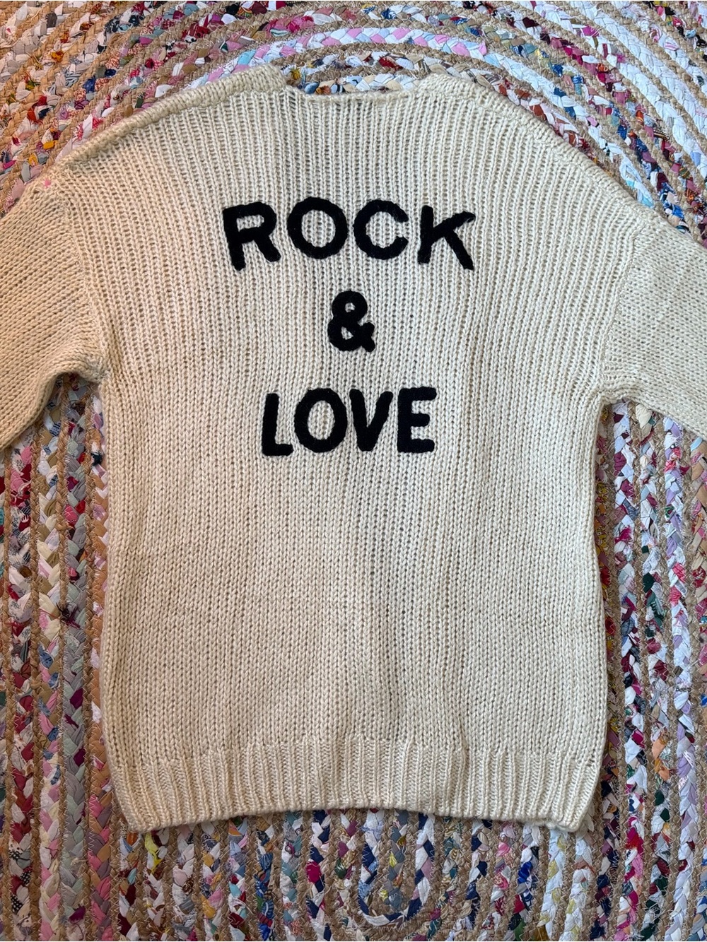 Cream Knit Sweater with Black 'Rock & Love' Lettering